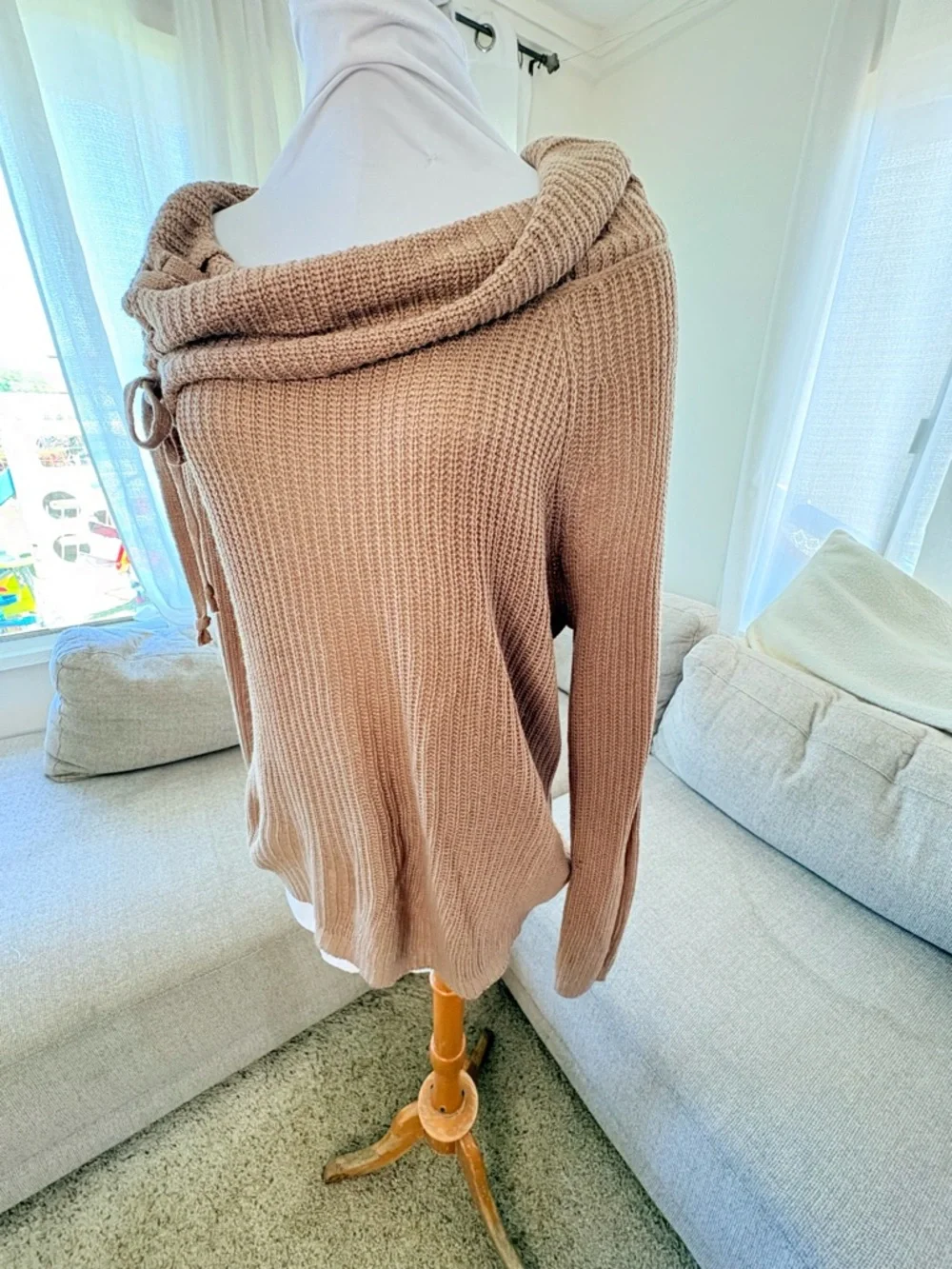 6for$20❤️itemAmbiance Asymmetrical Cowl Tie Sweater - Tan